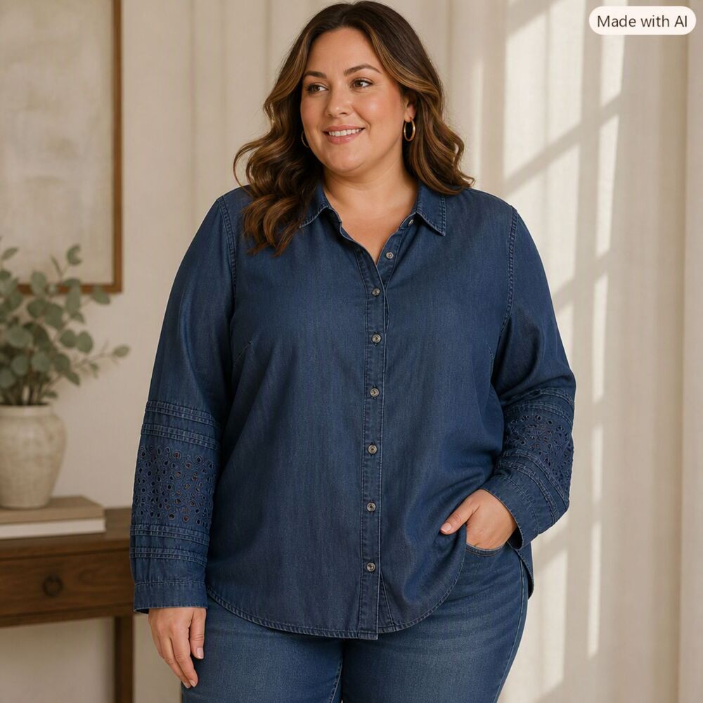 Stella + Ginger Plus Size 2X Blue Lyocell Denim Eyelet Lace Blouse